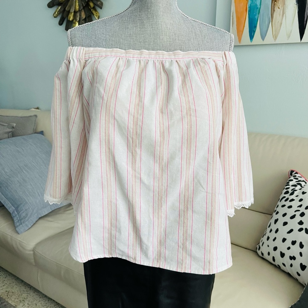 A. Calin Los Angeles Cotton Off the Shoulder Striped Top Size L